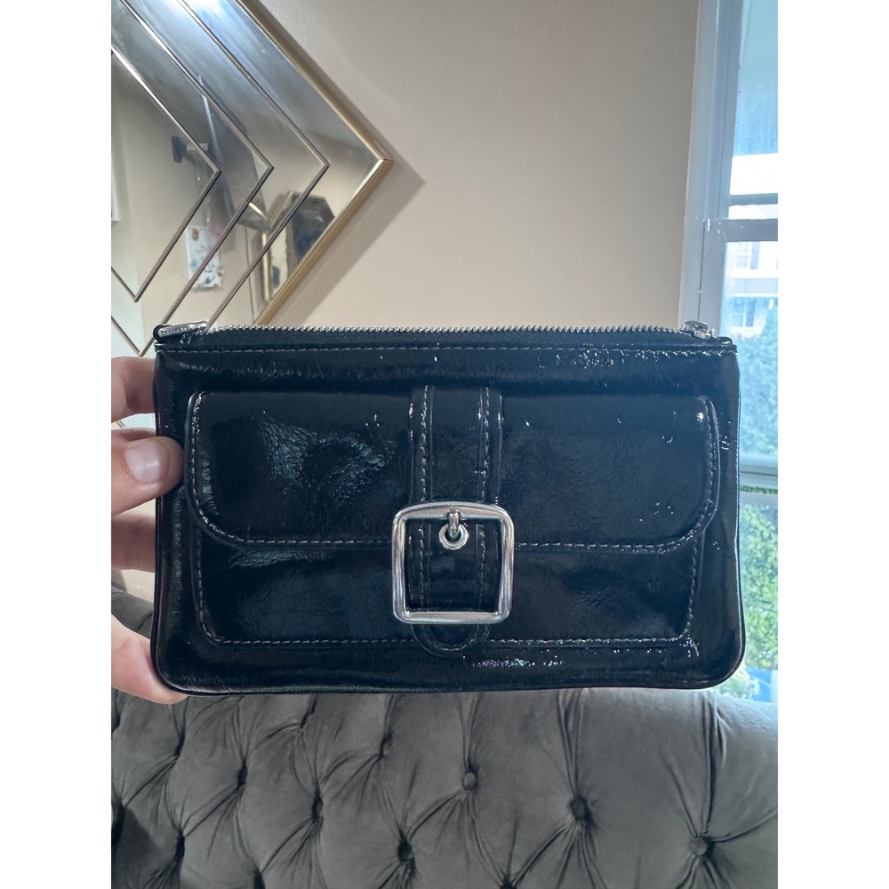 Coach Black Patent Leather Buckle Front Small Wristlet Clutch Silver Hardware